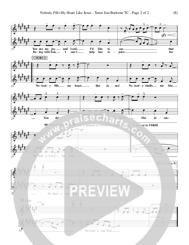 Nobody Fills My Heart Like Jesus Tenor Sax/Baritone T.C. (Dennis Jernigan)