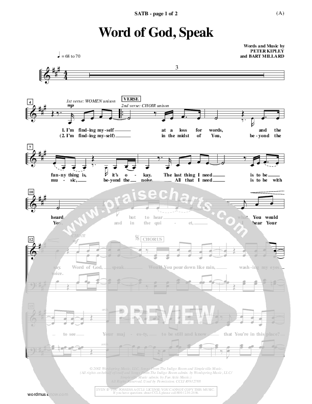 Word Of God Speak Choir Sheet (SATB) (Bart Millard)