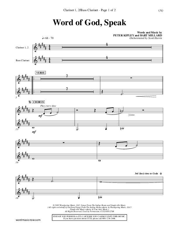 Word Of God Speak Clarinet 1/2, Bass Clarinet (Bart Millard)