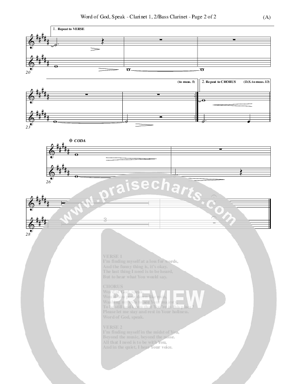 Word Of God Speak Clarinet 1/2, Bass Clarinet (Bart Millard)