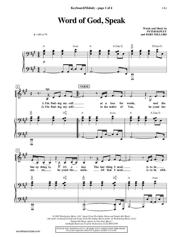 Word Of God Speak Piano/Vocal (Bart Millard)