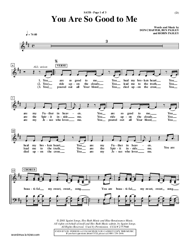 You Are So Good To Me Choir Sheet (SATB) ()