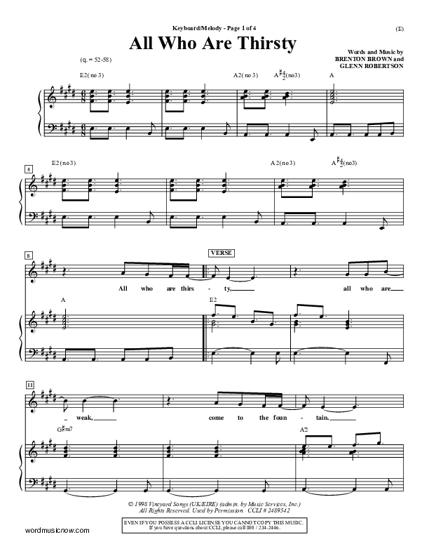 All Who Are Thirsty Piano Sheet (Brenton Brown)