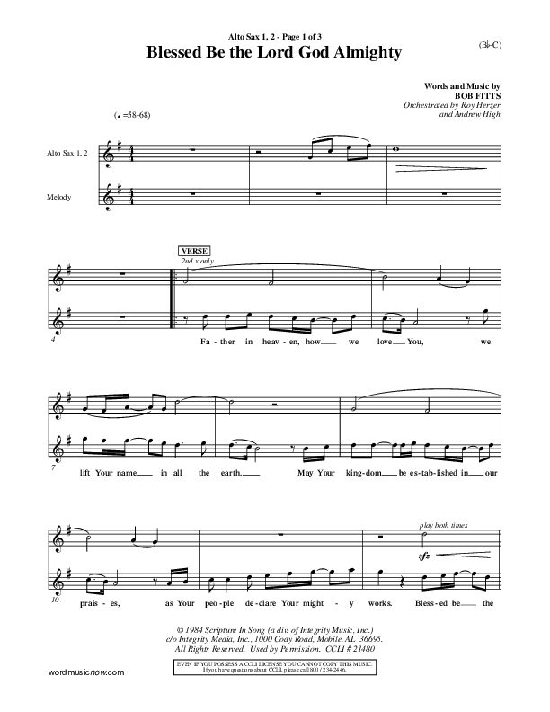 Blessed Be The Lord God Almighty Alto Sax 1/2 (Bob Fitts)