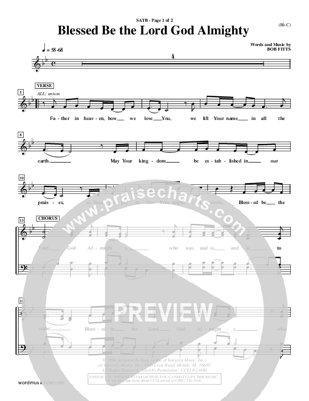 Blessed Be The Lord God Almighty Choir Vocals (SATB) (Bob Fitts)