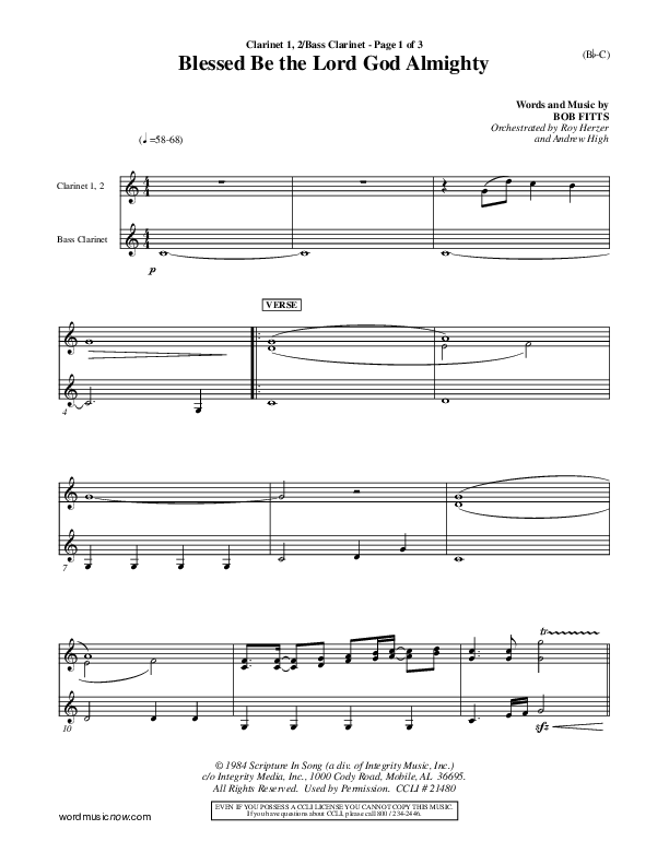 Blessed Be The Lord God Almighty Clarinet 1/2, Bass Clarinet (Bob Fitts)