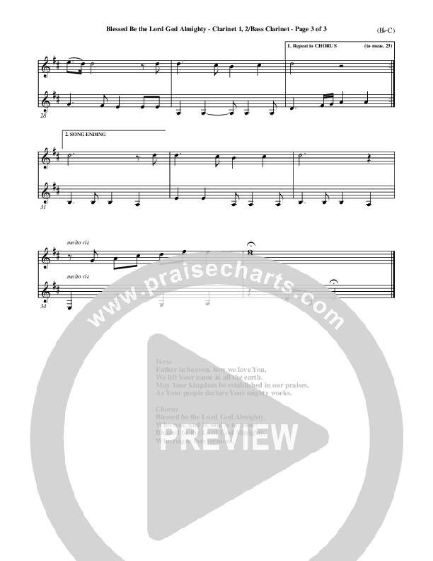 Blessed Be The Lord God Almighty Clarinet 1/2, Bass Clarinet (Bob Fitts)