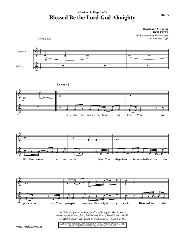 Blessed Be The Lord God Almighty Clarinet 3 (Bob Fitts)