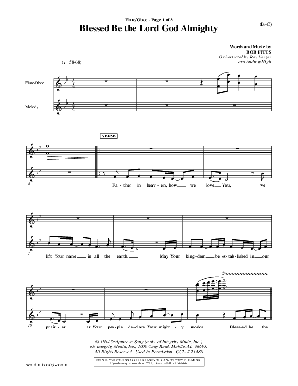 Blessed Be The Lord God Almighty Flute/Oboe (Bob Fitts)