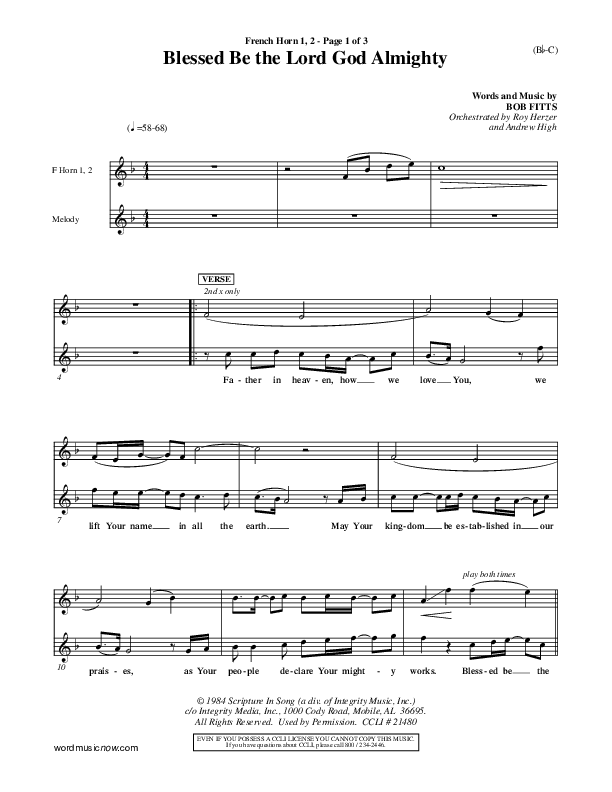 Blessed Be The Lord God Almighty French Horn 1/2 (Bob Fitts)