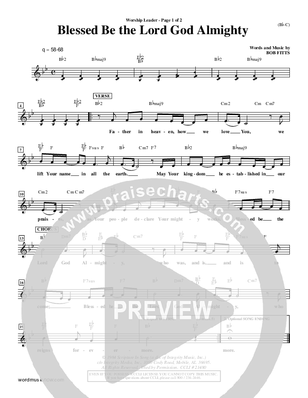 Blessed Be The Lord God Almighty Lead Sheet (Bob Fitts)