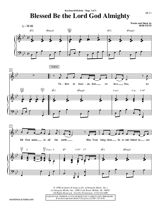 Blessed Be The Lord God Almighty Piano/Vocal (Bob Fitts)