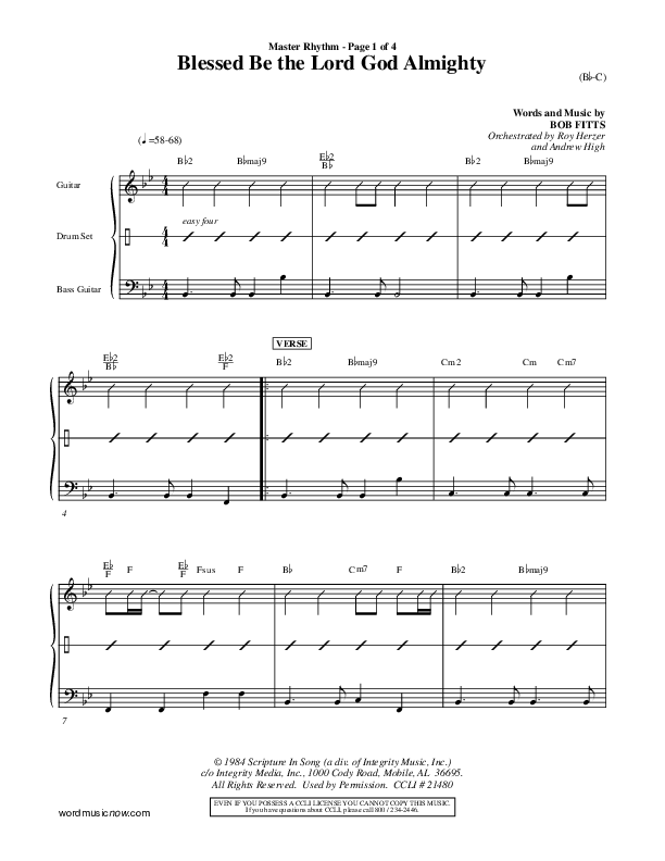 Blessed Be The Lord God Almighty Rhythm Chart (Bob Fitts)