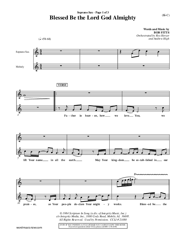 Blessed Be The Lord God Almighty Soprano Sax (Bob Fitts)