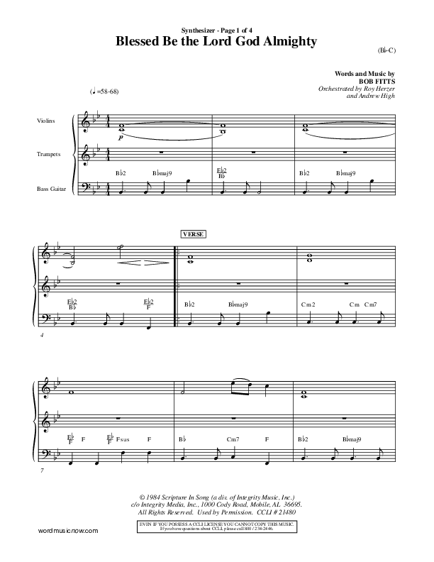 Blessed Be The Lord God Almighty Synth (Bob Fitts)