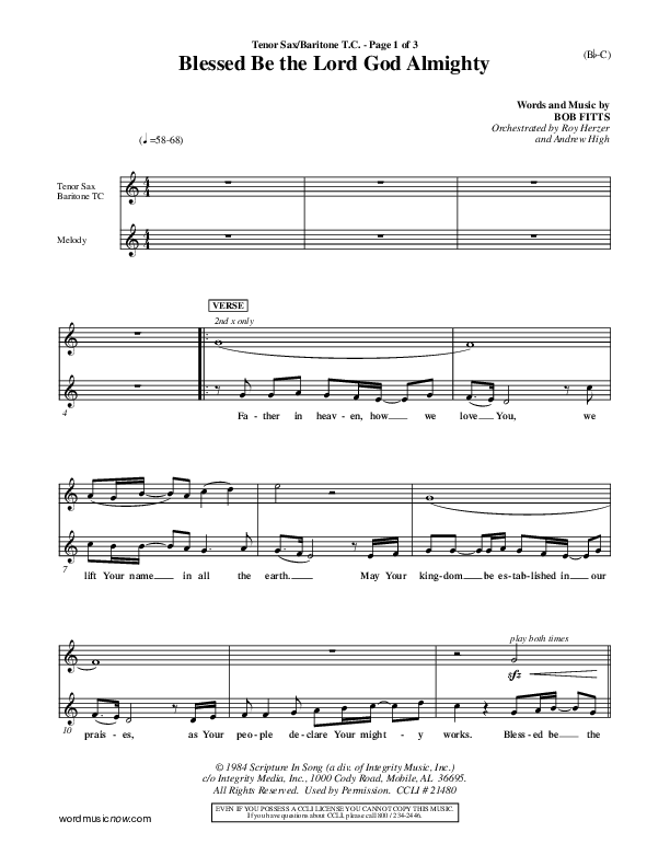 Blessed Be The Lord God Almighty Tenor Sax/Baritone T.C. (Bob Fitts)