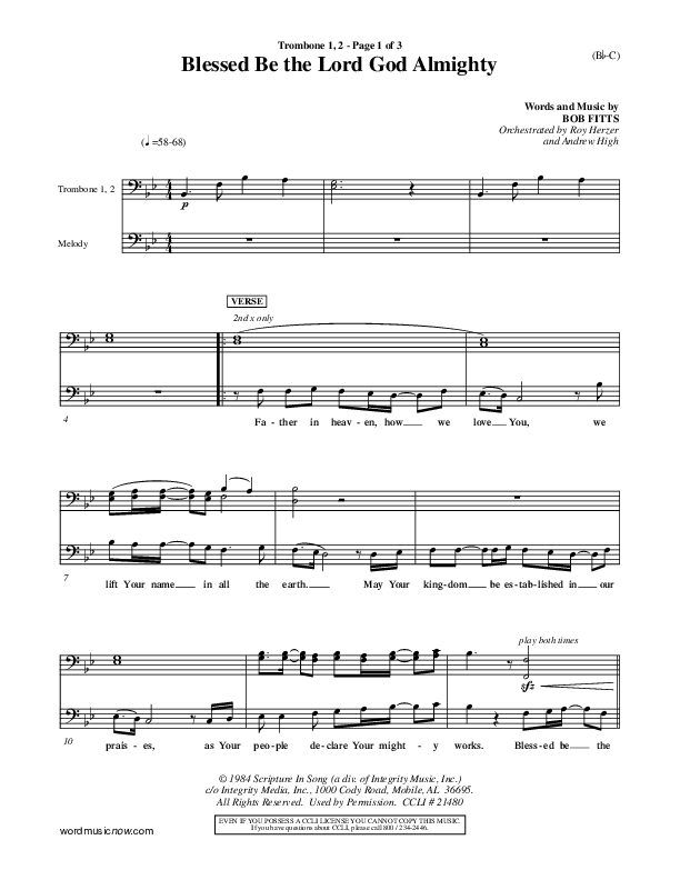 Blessed Be The Lord God Almighty Trombone 1/2 (Bob Fitts)
