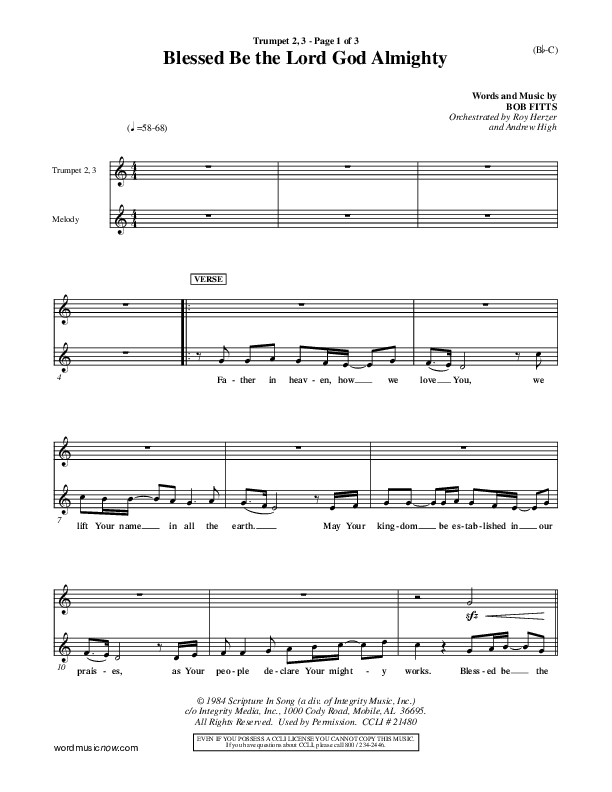 Blessed Be The Lord God Almighty Trumpet 2/3 (Bob Fitts)