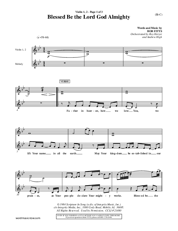 Blessed Be The Lord God Almighty Violin 1/2 (Bob Fitts)