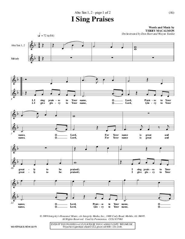 I Sing Praises Alto Sax 1/2 (Terry MacAlmon)