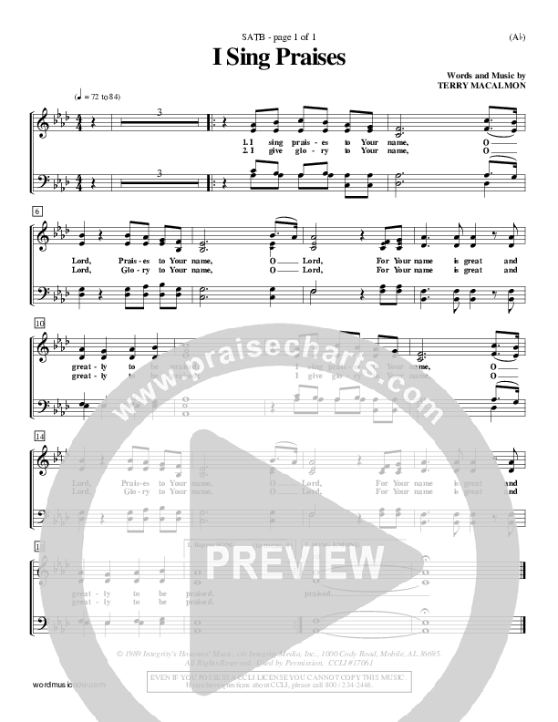 I Sing Praises Choir Sheet (SATB) (Terry MacAlmon)