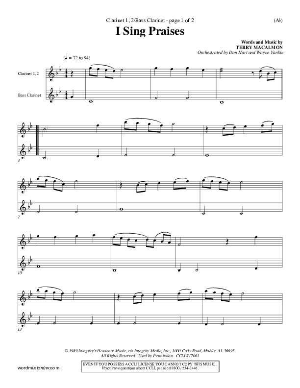 I Sing Praises Clarinet 1/2, Bass Clarinet (Terry MacAlmon)