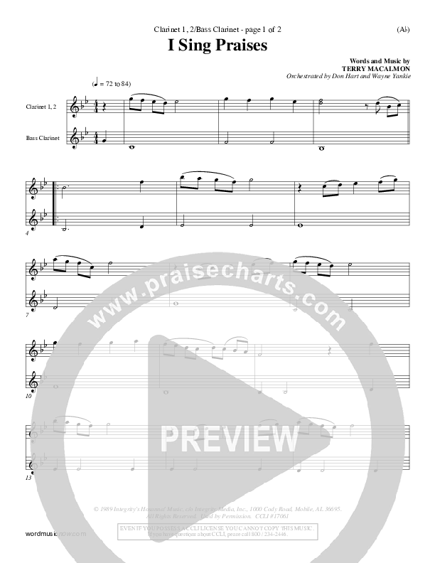 I Sing Praises Clarinet 1/2, Bass Clarinet (Terry MacAlmon)