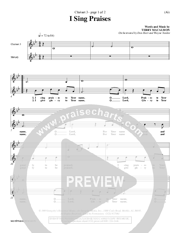 I Sing Praises Clarinet 3 (Terry MacAlmon)