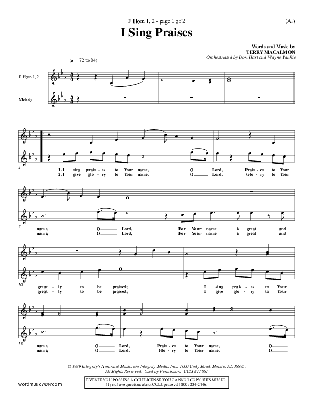 I Sing Praises French Horn 1/2 (Terry MacAlmon)