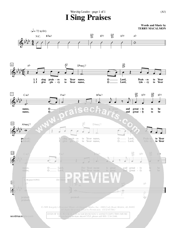 I Sing Praises Lead Sheet (Terry MacAlmon)