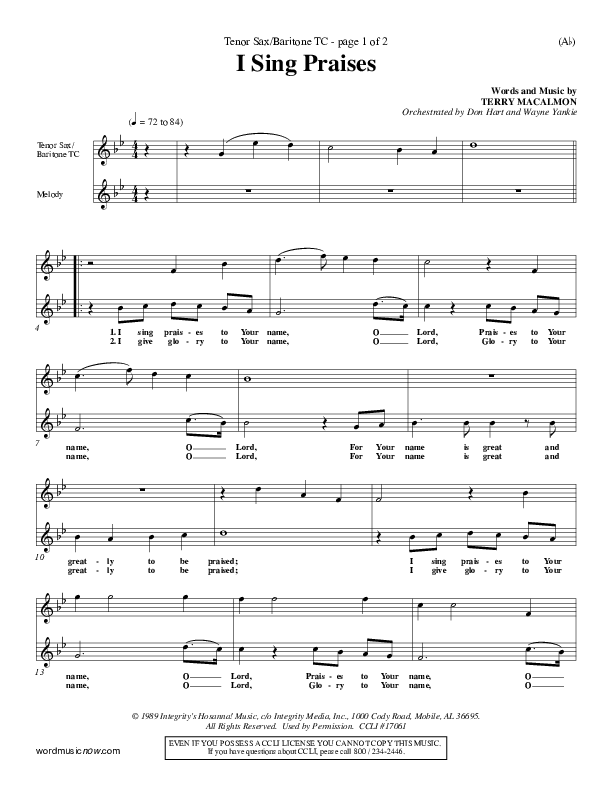 I Sing Praises Tenor Sax/Baritone T.C. (Terry MacAlmon)