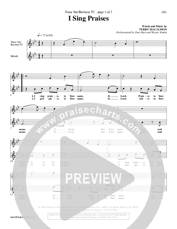 I Sing Praises Tenor Sax/Baritone T.C. (Terry MacAlmon)