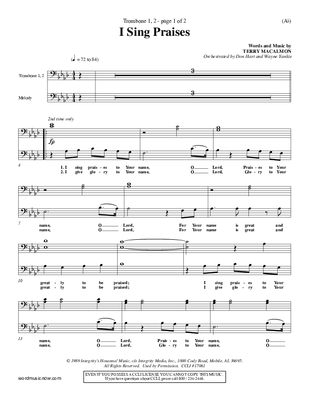 I Sing Praises Trombone 1/2 (Terry MacAlmon)