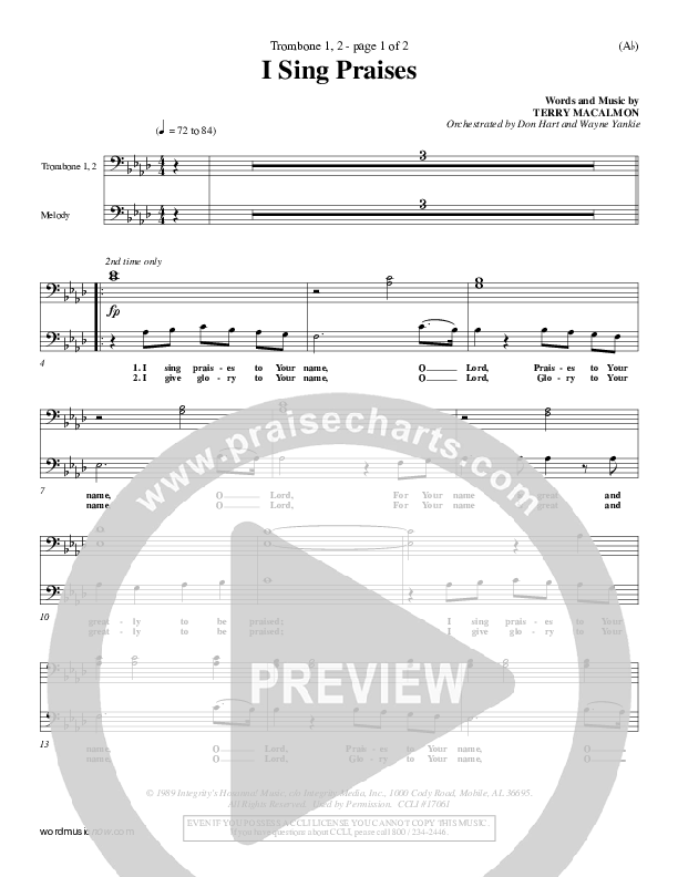 I Sing Praises Trombone 1/2 (Terry MacAlmon)