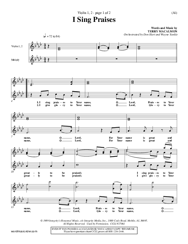 I Sing Praises Violin 1/2 (Terry MacAlmon)