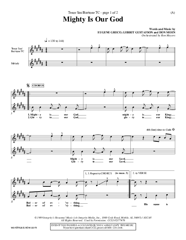 Mighty Is Our God Tenor Sax/Baritone T.C. (Don Moen)