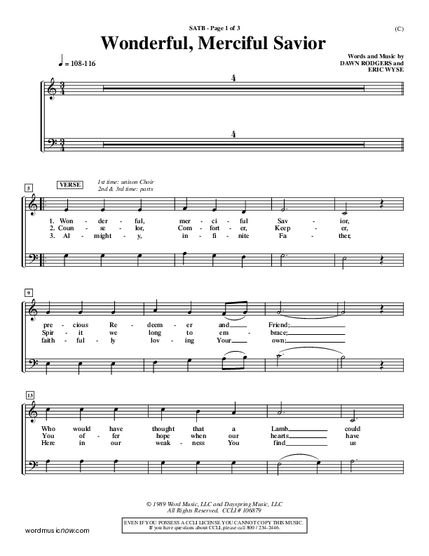Wonderful Merciful Savior Choir Vocals (SATB) (Eric Wyse)