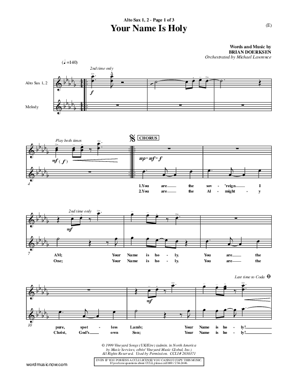 Your Name Is Holy Alto Sax 1/2 (Brian Doerksen)