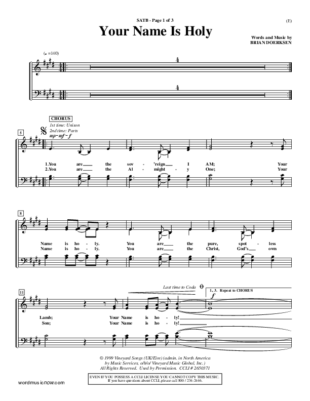 Your Name Is Holy Choir Sheet (SATB) (Brian Doerksen)
