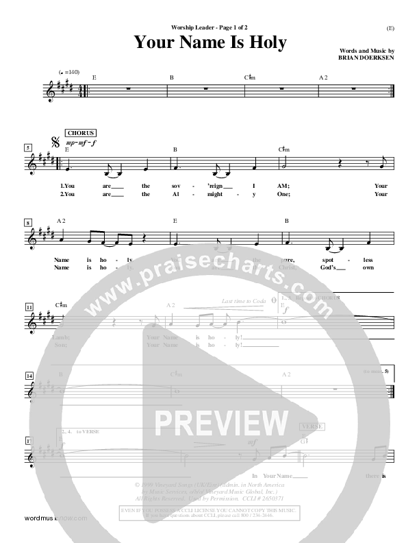 Your Name Is Holy Lead Sheet (Brian Doerksen)