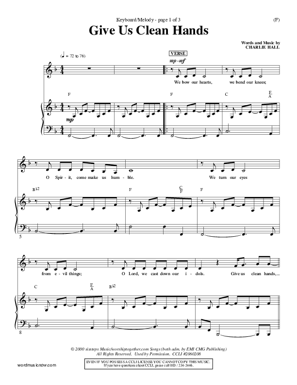 Give Us Clean Hands Piano Sheet (Charlie Hall)