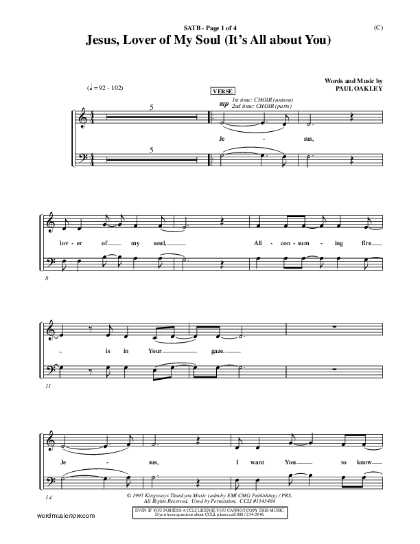 Jesus Lover of My Soul (It's All About You) Choir Vocals (SATB) (Paul Oakley)