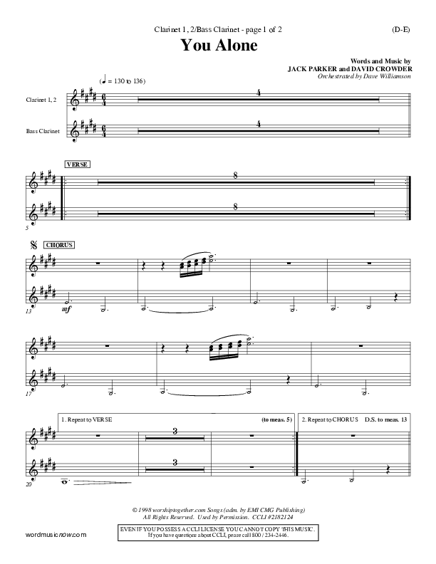 You Alone Clarinet 1/2, Bass Clarinet (David Crowder)