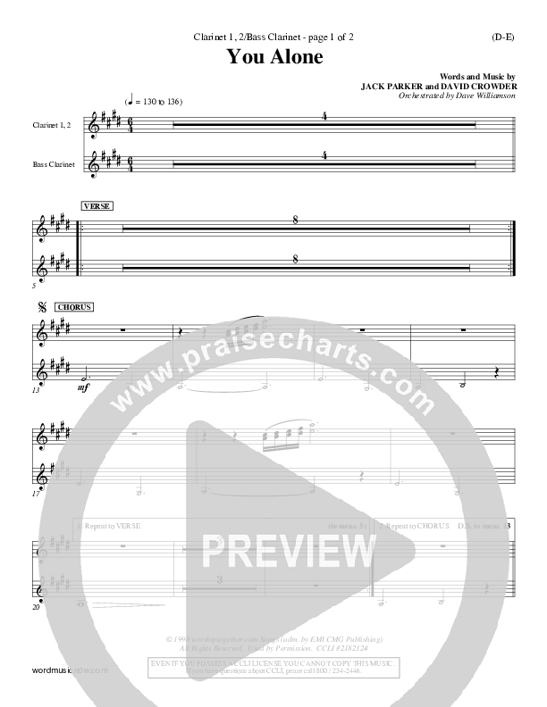 You Alone Clarinet 1/2, Bass Clarinet (David Crowder)
