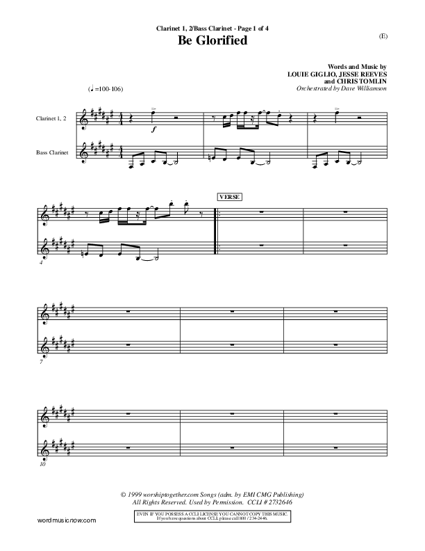 Be Glorified Clarinet 1/2, Bass Clarinet (Chris Tomlin)