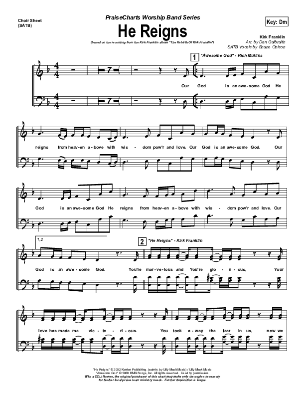 He Reigns (with Awesome God) Choir Sheet (SATB) (Kirk Franklin)