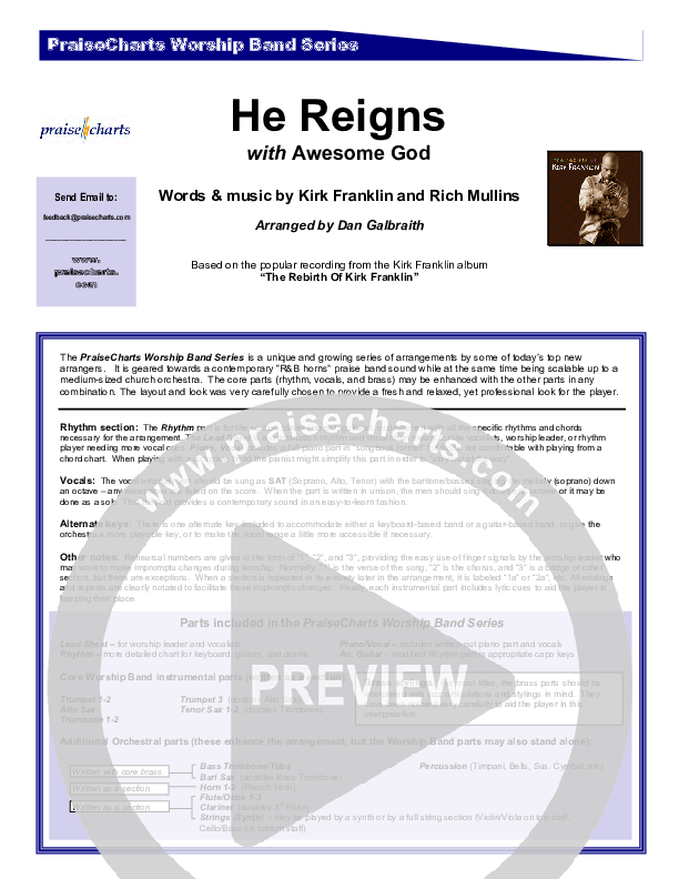 He Reigns (with Awesome God) Cover Sheet (Kirk Franklin)