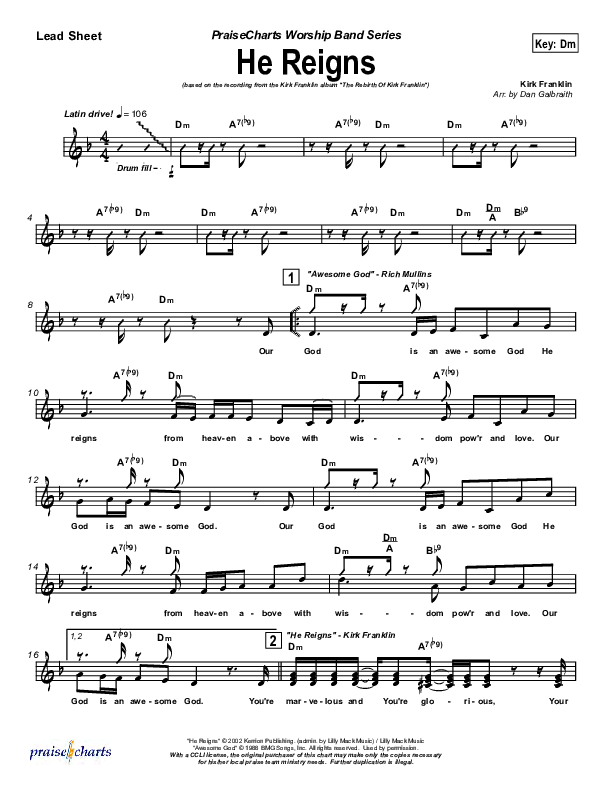 He Reigns (with Awesome God) Lead Sheet (SAT) (Kirk Franklin)