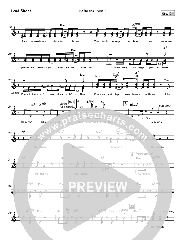 He Reigns (with Awesome God) Lead Sheet (SAT) (Kirk Franklin)