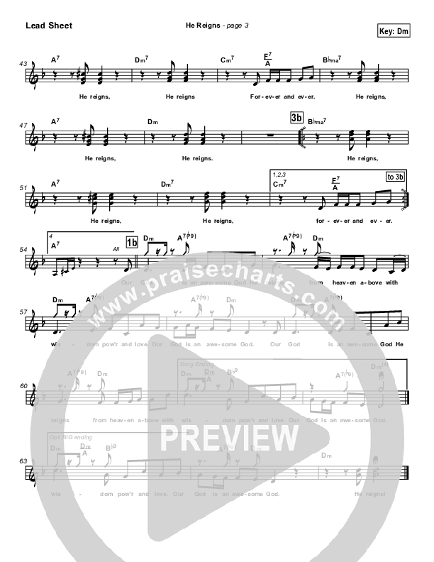He Reigns (with Awesome God) Lead Sheet (SAT) (Kirk Franklin)